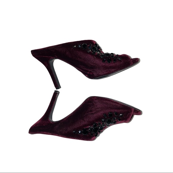 Micheal Kors Burgundy Velvet Mules with Black Flower Jewel Detail - Picture 7 of 9